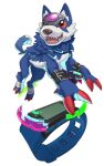  bandai_namco belt blue_body blue_fur canid canine claws curled_tail digimon digimon_(species) digivice feral forehead_gem fur hi_res liecomj loogamon male mammal neck_tuft red_eyes sharp_teeth smile tail teeth tuft 