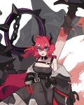  1girl arknights bare_shoulders bbizim03 black_dress black_jacket breasts chain chest_strap cleavage dress hair_between_eyes highres horns jacket large_breasts long_hair looking_at_viewer off_shoulder open_clothes open_jacket open_mouth purple_eyes red_hair simple_background solo surtr_(arknights) sword very_long_hair weapon white_background 