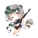  2girls :&gt; =_= bare_legs bare_shoulders beer_mug black_footwear blue_dress blue_flower blue_ribbon blush blush_stickers brown_dress chibi closed_mouth crossed_legs crosshair_pupils cup dragunov_svd dress dress_flower fairy_(girls&#039;_frontline) flower flower_request footwear_flower full_body girls&#039;_frontline gloves goggles grey_hair gun hair_flower hair_ornament hand_on_own_cheek hand_on_own_face head_wreath holding holding_cup holding_gun holding_weapon looking_at_viewer mole mole_under_mouth mug multiple_girls neck_ribbon off-shoulder_dress off_shoulder official_art one_eye_closed pink_eyes ribbon rifle saru scope short_hair simple_background slit_pupils sniper_fairy_(girls&#039;_frontline) sniper_rifle third-party_source transparent_background weapon white_flower white_gloves 