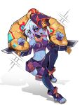  1girl absurdres bare_shoulders beseunaj-jamjaneun_gemdol-i black_headwear blue_eyes breasts briar_(league_of_legends) chained_wrists colored_sclera colored_skin earrings fang full_body highres horned_hat invisible_chair jewelry knee_up league_of_legends medium_breasts multicolored_hair navel official_alternate_costume official_alternate_hairstyle pointy_ears red_hair red_sclera shiny_skin simple_background sitting smile solo sparkle stomach streaked_hair street_demon_briar toeless_legwear tongue tongue_out two-tone_hair white_background 