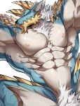  abs anthro biceps blue_body blue_eyes body_hair capcom chest_hair chung0_0 fanged_wyvern hair hi_res horn looking_down male monster monster_hunter muscular muscular_anthro muscular_male nipples pecs pubes scales solo white_hair zinogre 