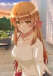  1girl bag blurry blurry_background blush bow breasts brown_eyes brown_hair brown_sweater closed_mouth cloud commentary_request dars_(recolors) hair_bow highres isshiki_iroha jewelry long_hair long_sleeves looking_at_viewer medium_breasts necklace outdoors pov red_bow shirt_tug shoulder_bag smile sweater upper_body yahari_ore_no_seishun_lovecome_wa_machigatteiru. 