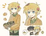  2boys ? basil_(omori) black_eyes black_hair black_pants black_sweater blonde_hair blue_eyes blush bowl closed_mouth collared_shirt flower gongs0313 green_shirt hair_flower hair_ornament highres holding holding_bowl leaf leaf_on_head looking_at_another looking_at_viewer multiple_boys omori open_mouth pants plaid plaid_shirt pumpkin shirt short_hair smile speech_bubble spoken_question_mark sunny_(omori) sweater 