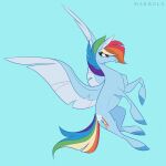  2023 blue_background blue_body blue_feathers blue_fur cutie_mark digital_media_(artwork) dipstick_ears equid equine feathered_wings feathers female feral friendship_is_magic fur hair hasbro hi_res hooves inner_ear_fluff mammal marbola multicolored_ears multicolored_hair multicolored_tail my_little_pony pegasus purple_eyes rainbow_dash_(mlp) rainbow_hair rainbow_tail simple_background smile smirk solo spread_wings tail tuft wings 