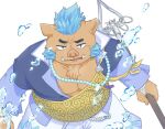  anthro belly blue_hair brown_body brown_fur fur gouryou hair imoko0114 lifewonders male monk musclegut pecs prayer_beads simple_background solo staff tokyo_afterschool_summoners tusks water white_background 