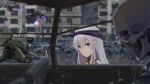  2girls bandana black_bandana blue_eyes blurry building car commentary_request depth_of_field drone expressionless girls&#039;_frontline grey_hair highres hydra_(girls&#039;_frontline) long_hair looking_at_viewer motor_vehicle multiple_girls outdoors ruins silk skeleton spider_web super_sass_(girls&#039;_frontline) upper_body viscum xm3_(girls&#039;_frontline) 