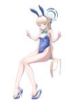  1girl absurdres animal_ears bare_shoulders barefoot blonde_hair blue_archive blue_eyes blue_footwear bow bowtie breasts chan_sang covered_navel detached_collar double_v fake_animal_ears feet groin halo high_heels highres legs long_hair looking_at_viewer playboy_bunny rabbit_ears shoes shoes_removed simple_background sitting solo toenails toes toki_(blue_archive) toki_(bunny)_(blue_archive) v very_long_hair white_background wrist_cuffs 