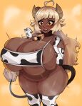  absurd_res ahoge animal_humanoid animal_print animal_print_bikini areola areola_slip armwear barely_contained barely_contained_breasts big_breasts bikini blonde_hair blush bovid bovid_humanoid bovine bovine_humanoid breasts brown_horn brown_tail cattle_humanoid clothing cow_print cow_print_bikini cow_print_gloves cow_print_thighhighs cowbell curvy_figure dark_body dark_skin ears_down elbow_gloves female glistening glistening_body gloves hair handwear hi_res horn huge_breasts humanoid mammal mammal_humanoid micro_bikini motion_lines open_mouth orange_background orange_eyes pattern_bikini pattern_clothing pattern_swimwear pivoted_ears simple_background slightly_chubby solo standing steam strongmoist swimwear tail tail_tuft tuft voluptuous yellow_ears 