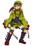  1boy :d bandaged_arm bandages black_footwear black_headband boots full_body green_hair green_jacket haxorus headband jacket katagiri_hachigou knee_boots legs_apart male_focus open_mouth personification pokemon red_eyes sharp_teeth short_hair simple_background smile standing teeth white_background 