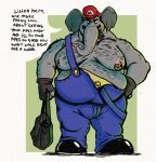  2023 anthro belly body_hair bulge cigar clothing elephant elephant_mario elephantid english_text front_view garf_of_finland glare hand_on_hip hat headgear headwear hi_res holding_bag innuendo male mammal mario_bros moobs nintendo nipple_piercing nipples overalls overweight overweight_anthro overweight_male piercing portrait proboscidean shirtless smoking smoking_cigar solo standing super_mario_bros_wonder text threatening three-quarter_portrait trunk 