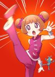  1girl ana_(warioware) bare_shoulders blush brown_eyes brown_hair commentary_request double_bun emphasis_lines hair_bun high_kick highres kicking leg_up mike_(warioware) motion_blur open_mouth pants purple_footwear purple_pants purple_shirt red_background robot sakurabe_notos shirt shoe_soles shoes sleeveless sleeveless_shirt solo_focus standing standing_on_one_leg v-shaped_eyebrows warioware 