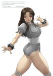  1girl ass bracelet breasts brown_eyes brown_hair china_dress chinese_clothes chun-li closed_mouth dress earrings highres jewelry kkzk61539201 long_hair mind_control simple_background solo spiked_bracelet spikes street_fighter street_fighter_ii_(series) street_fighter_ii_v white_background 