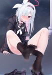  1girl a.r.o.n.a_(blue_archive) black_choker black_coat black_eyes black_hairband black_pantyhose black_serafuku blue_archive blush bow choker closed_mouth clothes_pull coat colored_inner_hair commentary_request convenient_leg feet foot_up gmkj hair_bow hair_over_one_eye hairband halo highres legs loafers long_hair looking_at_viewer multicolored_hair night night_sky no_shoes one_eye_covered open_clothes open_coat paid_reward_available pantyhose pantyhose_pull pink_hair red_pupils school_uniform serafuku shoes single_shoe sky smell soles solo steaming_body toes two-tone_hair white_bow white_hair 