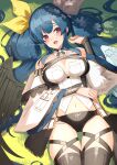  1girl absurdres angel_wings asymmetrical_wings bare_shoulders belt black_panties black_thighhighs blue_hair blush breasts cleavage cleavage_cutout clothing_cutout commentary detached_collar detached_sleeves dizzy_(guilty_gear) elritta grass groin guilty_gear guilty_gear_xrd hair_between_eyes hair_ribbon hair_rings highres large_breasts long_hair lying midriff navel on_back on_grass open_mouth panties red_eyes ribbon shadow showgirl_skirt sidelocks skindentation skirt solo stomach thigh_gap thigh_strap thighhighs thighs twintails twitter_username underwear very_long_hair wide_sleeves wings yellow_ribbon 
