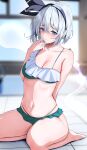  1girl 258n absurdres bare_arms bare_legs bare_shoulders barefoot bikini black_hairband black_ribbon blue_eyes blush breasts cleavage closed_mouth collarbone green_bikini grey_hair hair_ribbon hairband highres hitodama konpaku_youmu konpaku_youmu_(ghost) navel ribbon short_hair solo swimsuit touhou 