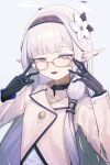  1girl adjusting_eyewear black_gloves black_hairband blue_archive flower glasses gloves hair_flower hair_ornament hair_tubes hairband halo himari_(blue_archive) jacket long_hair long_sleeves looking_at_viewer open_mouth pointy_ears purple_eyes signalviolet smile solo upper_body white_hair white_jacket 