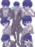  1boy blue-tinted_eyewear blue_eyes blue_hair character_name chest_tattoo cigarette closed_eyes coat collared_shirt commentary_request coughing expressions facial_hair full_body funa27_59 glasses grey_coat hand_up highres hooded_coat long_sleeves looking_at_viewer looking_to_the_side looking_up male_focus master_detective_archives:_rain_code multiple_views open_mouth pants round_eyewear shirt short_hair simple_background skull_print smile smoke smoking standing stubble surprised sweatdrop tattoo tinted_eyewear turn_pale upper_body white_background white_shirt yakou_furio 
