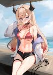  1girl absurdres bare_shoulders beach bikini bikini_under_shorts black_choker blonde_hair blue_eyes blush breasts choker cleavage closed_mouth collarbone covered_nipples criss-cross_halter demon_tail halterneck highres hololive horns large_breasts licking_lips looking_at_viewer navel pointy_ears rifufu short_shorts shorts sitting smile swimsuit tail thigh_strap tongue tongue_out tsurime virtual_youtuber yuzuki_choco 