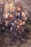  2girls absurdres arms_behind_back ball_and_chain_restraint bdsm beatrix_(granblue_fantasy) blonde_hair blue_eyes bondage boots bound breasts brown_hair captured chain chained cleavage cleavage_cutout clothing_cutout collar commission feet granblue_fantasy green_eyes high_heel_boots high_heels highres long_hair metal_collar multiple_girls navel no_armor ponytail restrained tears thighhighs torn_clothes torn_thighhighs twintails yewang19 zeta_(granblue_fantasy) 