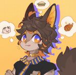  1boy :q animal_ears anubis_(mythology) black_shirt bright_pupils brown_fur brown_hair chicken_(food) egyptian_mythology food furry furry_male halftone halftone_background highres hua_hua_de_meme jackal_boy jackal_ears jackal_tail looking_to_the_side orange_eyes original rabbit sandwich shirt short_hair solo thought_bubble tongue tongue_out upper_body white_pupils yellow_background 