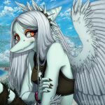  amber_eyes anthro big_wings black_clothing blue_body blue_skin blush breasts clothed clothing detailed_background diamond_pupils dinosaur eyeliner fang_(gvh) feathered_arms feathered_dinosaur feathered_wings feathers female frill_(anatomy) goodbye_volcano_high grey_hair hair hi_res long_hair looking_at_viewer makeup markings niskaelin pterodactylus pterosaur reptile scalie shirt small_waist smile snoot_game snout solo standing striped_markings striped_tail stripes tail tail_markings topwear wings 