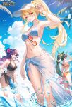  3girls absurdres bart._d bikini bird blue_sky cloud cover cover_page dr._daji hair_ribbon highres jiang_qing&#039;e_(wan_xiang_zhi_wang) li_fengyi_(wan_xiang_zhi_wang) multiple_girls navel official_art pink_hair ponytail purple_hair ribbon see-through see-through_skirt skirt sky sparkle splashing sunglasses swimsuit upper_body visor_cap wan_xiang_zhi_wang water yellow_eyes zhao_yanzhi_(wan_xiang_zhi_wang) 