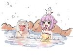  1girl :3 absurdres bare_shoulders blush_stickers commentary_request dripping eyelashes hair_flaps half-closed_eyes highres idolmaster idolmaster_cinderella_girls japanese_macaque koshimizu_sachiko light_purple_hair monkey naked_towel nendo23 onsen open_mouth orange_eyes partially_submerged reflection reflective_water ripples rock short_hair simple_background smile snowing snowman snowman_on_head solo towel towel_on_head water wet white_background 
