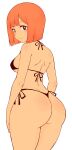  1girl absurdres alternate_costume ass bare_arms bare_shoulders bikini black_bikini black_eyes box_wonderland breasts closed_mouth commentary english_commentary highres large_breasts looking_back mcdonald&#039;s medium_hair orange_hair short_hair simple_background smile solo swimsuit white_background yoru_mac 