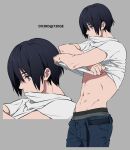  1672 1boy abs belt black_belt black_hair close-up double_cross_(f.e.a.r.) groin looking_down male_focus navel open_belt original pants shirt short_sleeves solo toned toned_male undressing wanuki_akira white_shirt 