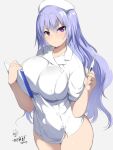  1girl breasts clipboard cowboy_shot hat holding holding_clipboard huge_breasts long_hair looking_at_viewer maou_to_ore_no_hangyakuki no_pants nurse_cap original purple_eyes purple_hair solo syringe thermometer yoshikawa_hideaki 