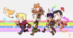  4boys angry black_hair blonde_hair blush boots cape chibi collared_jacket duckpasta floating formal gauntlets gyee happy highres jacket master_(gyee) military military_uniform multiple_boys pants priapus purple_hair rainbow running short_hair sparkle suit surprised tattoo uniform 