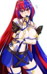  1girl absurdres alear_(female)_(fire_emblem) alear_(fire_emblem) blue_eyes blue_gloves blue_hair cape crossed_bangs fire_emblem fire_emblem_engage gloves hair_between_eyes heterochromia highres long_hair looking_at_viewer multicolored_hair open_mouth red_eyes red_hair skirt smile solo split-color_hair thighhighs tiara to_(tototo_tk) two-tone_hair very_long_hair white_background 