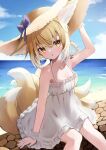  1girl :o absurdres alternate_costume animal_ear_fluff animal_ears arknights arm_support arm_up blonde_hair blue_sky braid brown_headwear cloud collarbone commentary day dress feet_out_of_frame fox_ears fox_girl fox_tail frilled_dress frills hair_between_eyes hair_rings hand_on_headwear hat highres horizon kitsune ocean oripathy_lesion_(arknights) outdoors parted_lips seijiikeuchi sitting sky sleeveless sleeveless_dress solo straw_hat sundress suzuran_(arknights) tail twin_braids water white_dress yellow_eyes 