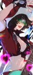  1girl black_hair breasts crop_top fingerless_gloves gloves guilty_gear guitar highres hitsuji_kusa i-no instrument jacket looking_at_viewer red_jacket red_nails short_hair smile solo 