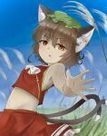  114514z 1girl absurdres adapted_costume animal_ear_fluff animal_ear_piercing animal_ears arm_up bare_arms bow bowtie breasts brown_eyes brown_hair cat_ears cat_tail chen clear_sky commentary_request day earrings foreshortening grass green_headwear hair_between_eyes hat highres jewelry light_blush looking_at_viewer looking_to_the_side messy_hair mob_cap multiple_tails nekomata outdoors outstretched_arm parted_lips petite red_skirt red_vest single_earring skirt skirt_set sky small_breasts solo tail touhou two_tails v-shaped_eyebrows vest white_bow white_bowtie 