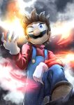  1boy absurdres black_footwear blue_eyes blue_overalls brown_hair closed_mouth commentary english_commentary facial_hair gloves highres looking_at_viewer male_focus mario mario_(series) mustache no_headwear one_eye_closed overalls red_shirt ruu_(ruigi12) shirt short_hair white_gloves 