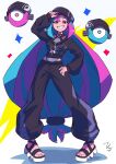  1girl alternate_costume black_headwear black_pants black_sweater blue_hair character_hair_ornament hair_ornament hand_on_own_hip hat hexagon_print highres ida_(idalol490) iono_(pokemon) jacket long_hair long_sleeves low-tied_long_hair multicolored_hair pants pink_eyes pink_hair pokemon pokemon_(game) pokemon_sv sharp_teeth split-color_hair sweater teeth track_pants two-tone_hair very_long_hair 