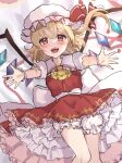  1girl :d arms_up ascot bad_perspective blonde_hair blush breasts crystal dot_nose embellished_costume fangs feet_out_of_frame flandre_scarlet foreshortening from_above happy hat highres knees_together_feet_apart looking_at_viewer lying medium_hair mob_cap on_back on_bed one_side_up open_mouth petite puffy_short_sleeves puffy_sleeves red_skirt red_vest short_sleeves skirt skirt_set small_breasts smile solo teeth tongue touhou vest wheat_retzel wings yellow_ascot 
