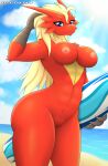  abs anthro athletic athletic_anthro athletic_female avian beach beak bird blaziken blonde_hair blue_eyes breasts butt butt_from_the_front cloud diamondstorm female generation_3_pokemon genitals hair hi_res light looking_at_viewer muscular muscular_anthro muscular_female nintendo nipples nude outside pink_nipples pokemon pokemon_(species) pussy red_body sand sea seaside solo story story_in_description sunlight surfboard thick_thighs water wide_hips yellow_sclera 