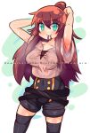  1girl absurdres armpits arms_up bangs bleuzer breasts brown_hair collarbone commission english_text green_eyes hair_tie hair_tie_in_mouth highres long_hair looking_at_viewer medium_breasts mouth_hold original pants pants_rolled_up short_sleeves simple_background smile sweat sweaty_clothes thigh_gap thighhighs tying_hair 