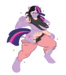  2018 big_breasts bottomwear breasts clothing cutie_mark digital_media_(artwork) equid equine feathered_wings feathers female friendship_is_magic hasbro horn human mammal my_little_pony navel pants purple_body robertge shirt simple_background solo species_transformation surprise topwear transformation twilight_sparkle_(mlp) white_background winged_unicorn wings 