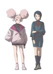  2girls absurdres afro_puffs asticassia_school_uniform big_hair black_hair blue_eyes blue_hair chuatury_panlunch colored_inner_hair dark_blue_hair double_bun full_body green_jacket green_shorts gundam gundam_suisei_no_majo hair_bun highres hood hoodie jacket long_hair looking_at_viewer multicolored_hair multiple_girls nika_nanaura pink_eyes pink_hair pink_hoodie psylduck school_uniform short_bangs short_hair shorts standing white_background 