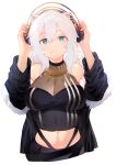  1girl :&lt; absurdres animal_ears bare_shoulders black_jacket breasts cleavage closed_mouth fur-trimmed_jacket fur_trim green_eyes grey_hair hair_between_eyes headphones highres hololive hololive_gamers jacket jacket_partially_removed lion_ears long_hair long_sleeves looking_at_viewer midriff navel neck onion_(onion_and_pi-natto) open_clothes open_jacket shishiro_botan solo upper_body 