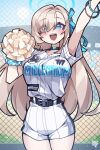  1girl :d absurdres asuna_(blue_archive) baseball_uniform belt black_belt blue_archive blue_eyes blue_ribbon bracelet chain-link_fence choker commentary_request day fence halo highres jewelry korean_commentary light_brown_hair long_hair looking_at_viewer open_mouth outdoors paaran pom_pom_(cheerleading) ribbon smile solo sportswear 