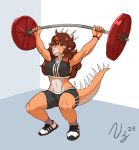  2023 anthro aquilops barbell barbell_squats big_breasts bottomwear bra bracelet breasts brown_hair claws clothing colored_claws crop_top crouching crucifix curvy_figure dated digital_drawing_(artwork) digital_media_(artwork) dinosaur exercise female fingers goodbye_volcano_high hair hi_res horn inside jewelry long_hair long_tail midriff multicolored_body multicolored_scales muscular muscular_anthro muscular_female navel necklace orange_body orange_scales pink_claws prometheuzone red_eyes reptile rosa_(gvh) scales scalie shirt shorts signature simple_background snoot_game snout solo spikes spikes_(anatomy) sports_bra tail tan_body tan_scales topwear two_tone_body two_tone_scales underwear v-cut weightlifting workout workout_clothing 