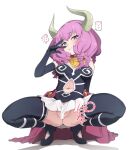  1girl ? aura_(sousou_no_frieren) blush braid breasts censored clothing_cutout full_body heart heart_censor highres horns matatabi_(2ccp) medium_breasts multiple_braids naughty_face navel navel_cutout pink_hair simple_background smile solo sousou_no_frieren spoken_question_mark spread_legs v white_background 