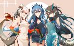  :d arknights black_dress black_hair blue_dress blue_eyes blue_hair breasts brown_background china_dress chinese_clothes cleavage cleavage_cutout clothing_cutout commentary_request covered_navel dragon_girl dragon_horns dragon_tail dress dusk_(arknights) grey_hair hair_between_eyes haku_(grimjin) hand_on_own_hip highres horns ling_(arknights) medium_breasts multicolored_hair nian_(arknights) parted_lips pointy_ears purple_eyes red_eyes red_hair sleeveless sleeveless_dress smile streaked_hair tail two-tone_background white_background white_dress 