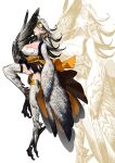  1girl animal_ears belt bird_ears bird_legs bird_tail black_feathers black_wings blue_tongue breasts cleavage colored_tongue digitigrade feathered_wings feathers gradient_wings harpy highres jewelry large_breasts long_hair monster_girl multicolored_wings orange_feathers original spyglass tail tail_feathers talons toe_ring tongue tongue_out usata_q white_feathers white_wings winged_arms wings yellow_eyes 