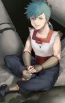  1boy blue_eyes blue_hair breath_of_fire breath_of_fire_iv collarbone commentary fingerless_gloves full_body gloves haruno14 jewelry long_hair looking_at_viewer male_focus necklace open_mouth ryuu_(breath_of_fire_iv) sitting sleeveless smile solo water 