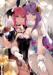  2girls alcohol black_corset blue_bow bow braid breasts bunny_day champagne corset glass hair_bow highres koakuma looking_at_viewer multiple_girls patchouli_knowledge pink_bow pink_eyes pink_hair playboy_bunny purple_eyes purple_hair risui_(suzu_rks) thighs touhou twin_braids white_corset 